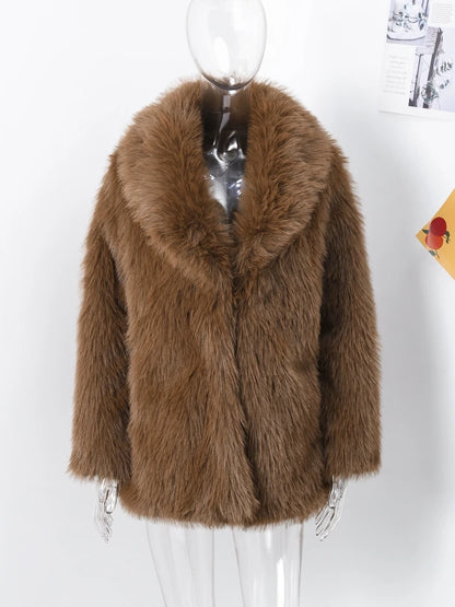Luxury Brown Faux Fur Coats Women Fashion Full Sleeve Lapel Long Warm Jacket  Winter Fluffy Thick High Street Outerwear New