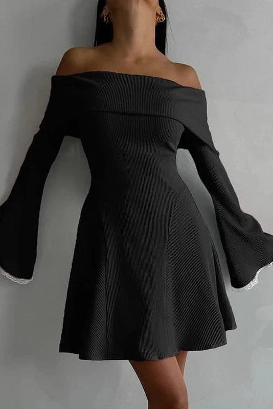 Off-Shoulder Mini Dress with Lace Detail and Flare Sleeves