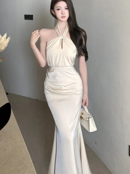 Sexy Bodycon Satin Evening Party Dress Sleeveless Halter Slim Mermaid Summer New Midi Dresses for Women Prom Vestidos Mujer