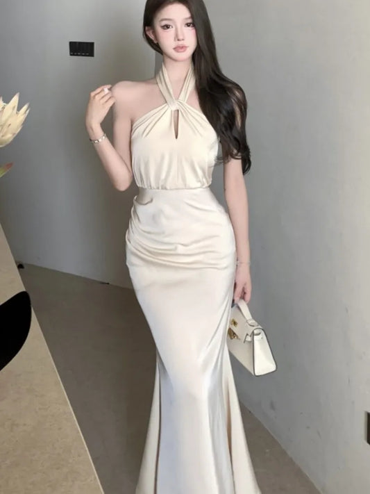 Sexy Bodycon Satin Evening Party Dress Sleeveless Halter Slim Mermaid Summer New Midi Dresses for Women Prom Vestidos Mujer