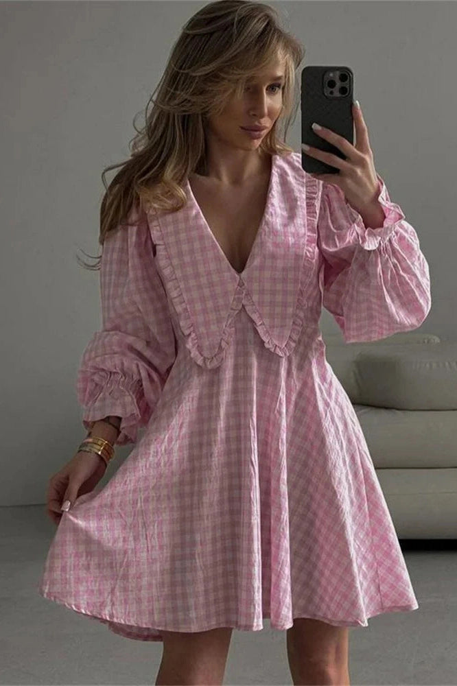 Long Sleeves V-Neck Patchwork Mini Dress