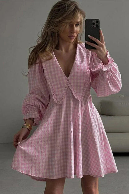 Long Sleeves V-Neck Patchwork Mini Dress