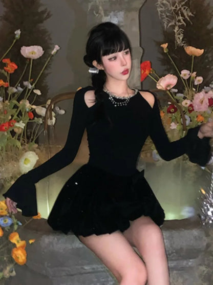 Autumn Winter Knitted Black Dresses for Women Long Sleeves High Waist A-line Birthday Party Dress Mini Vestidos Female Clothing