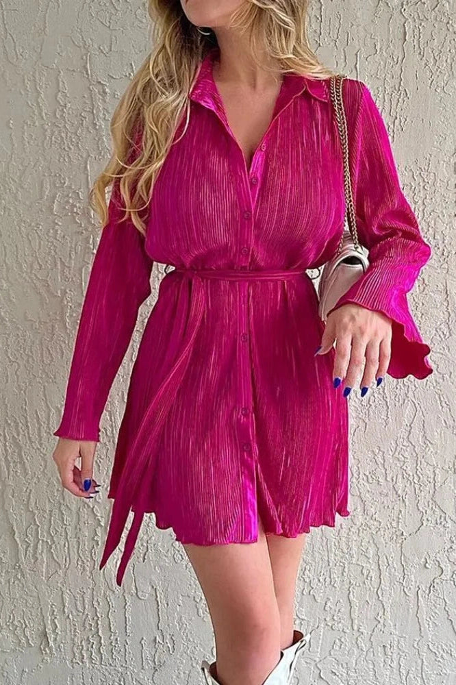 V-Neck Lace-Up Mini Dress with Long Sleeves
