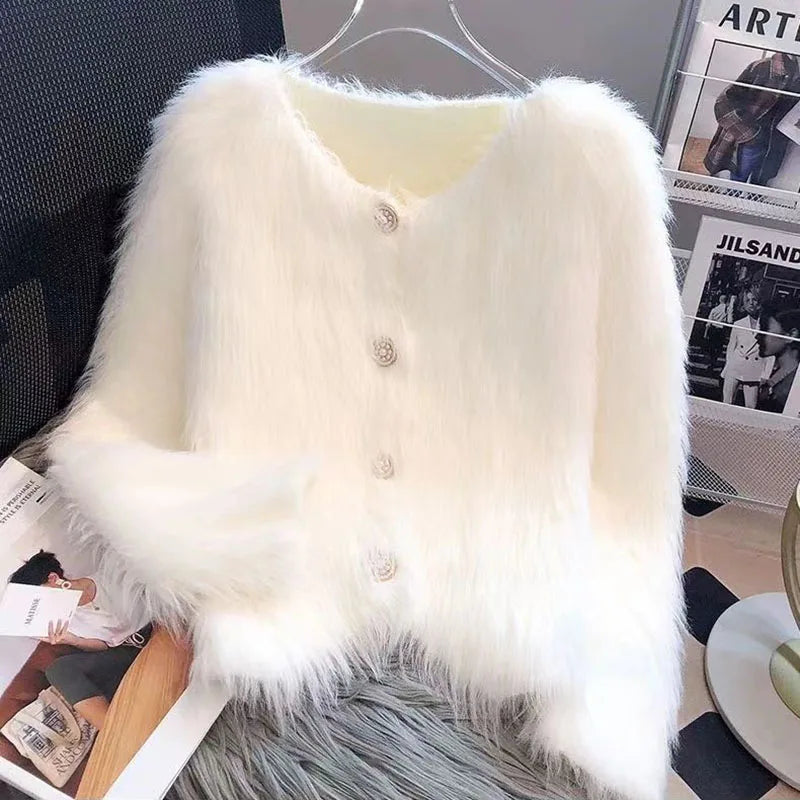 Cropped White Knitted Cardigan Women Korean Mink Cashmere Sweater Outerwear Black Long Sleeve Knitwear Winter Jumpers New