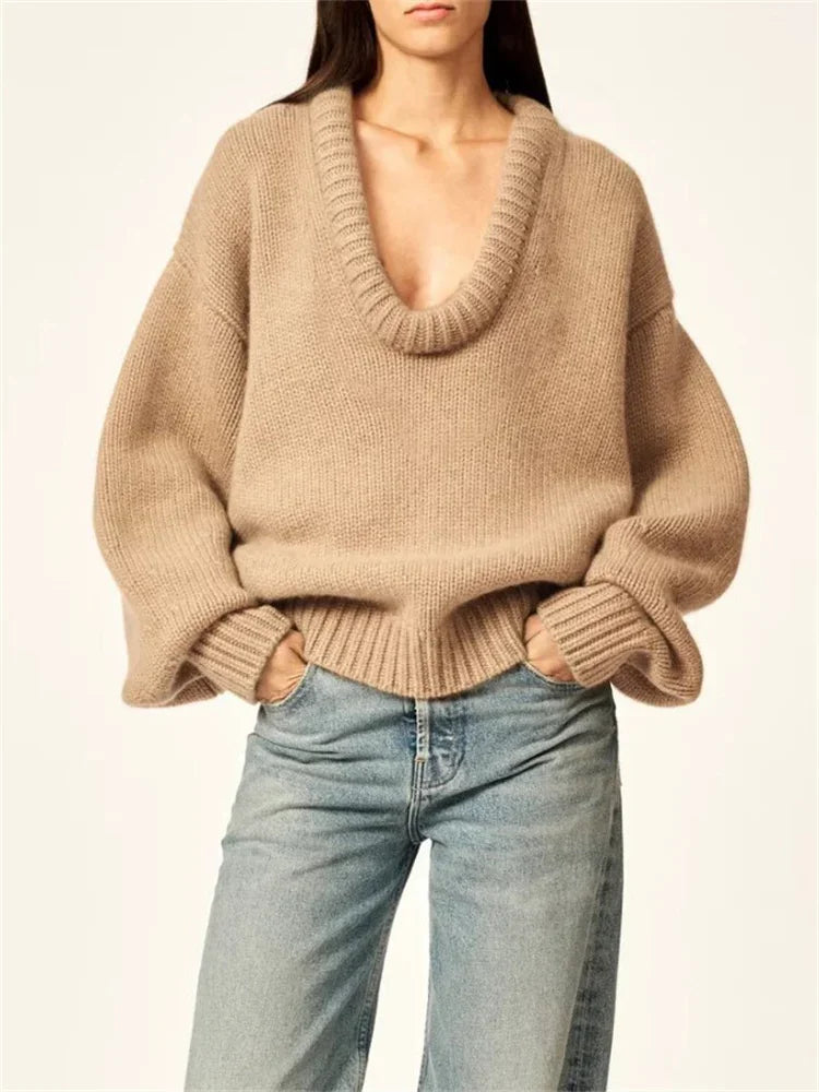Autumn Knit Sweater Pullover Loose Female Casual Patchwork Scoop Neck Striped Long Sleeve Knitwear Women Y2k Top Pullover