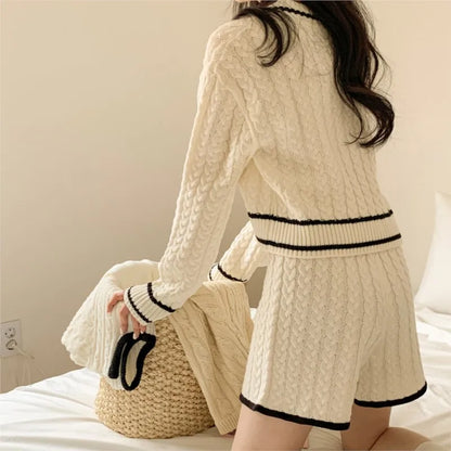 Autumn New Korean Fashion Knitted Two-piece Shorts Set V-neck Pullover Crop Top Solid Shorts Casual Pants Suit Female Clothing