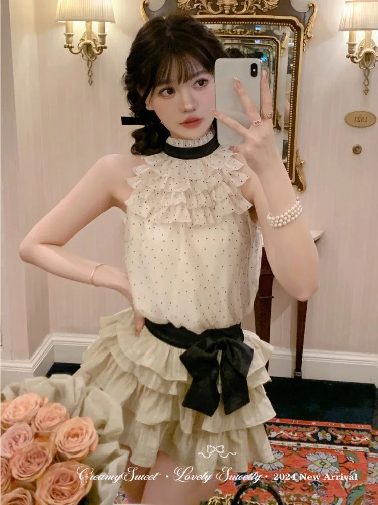 Y2K Polka Dot Two-piece Set Women Chiffon Halter Sleeveless Top Ruffles A-line Cake Mini Skirt Summer New Korean Fashion Outfits