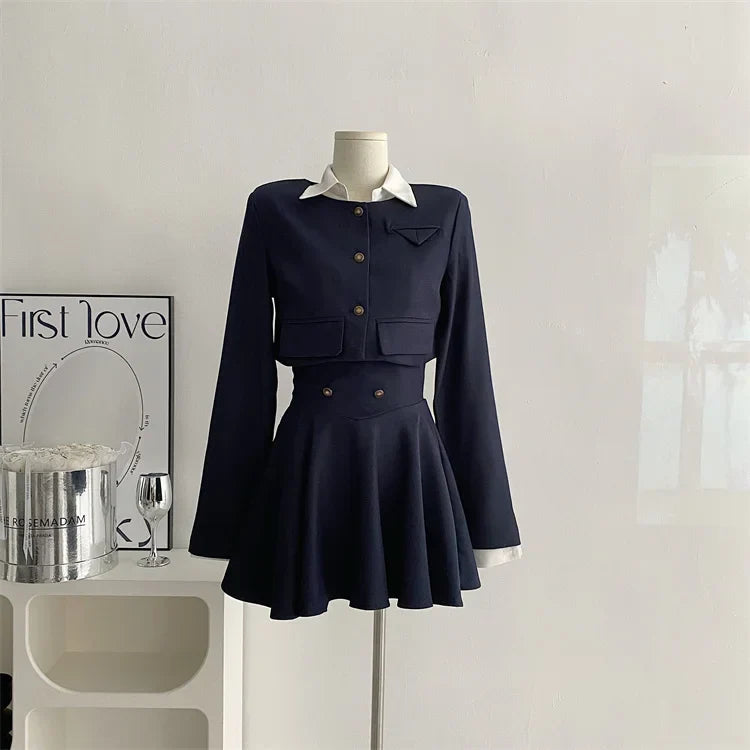 Voguable  Y2K 3 Piece Set Cropped Coat + Long Sleeve Shirt + High Waist Halter Ruffles Mini Dress Korean Chic Outfits