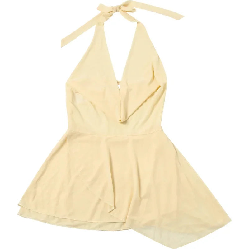 V-Neck Sexy Fashion Mini Dress For Women Ruffled Backless Lace-Up Patchwork Mesh Autumn New Slim Solid Female Party Dress