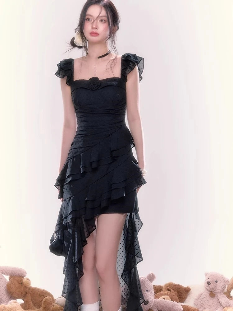 Y2K Irregular Ruffles Midi Dresses for Women Sleeveless Birthday Party Dress Prom Robe Korean Chic Summer New One Piece Vestido