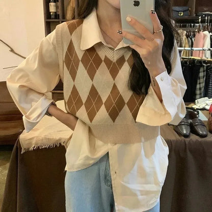 Vintage V-neck Plaid Sweater Vest Women Autumn Winter Vintage Knit Sweaters Pullover Loose Korean Knitwear Tops Pull Femme