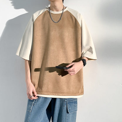 Baggy Short Sleeved Suede T-shirt  Versatile Color Matching Casual Tshirt Tops Trend Y2k Tees