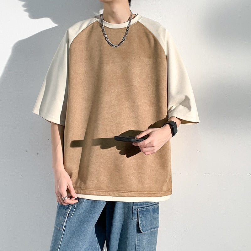 Baggy Short Sleeved Suede T-shirt  Versatile Color Matching Casual Tshirt Tops Trend Y2k Tees