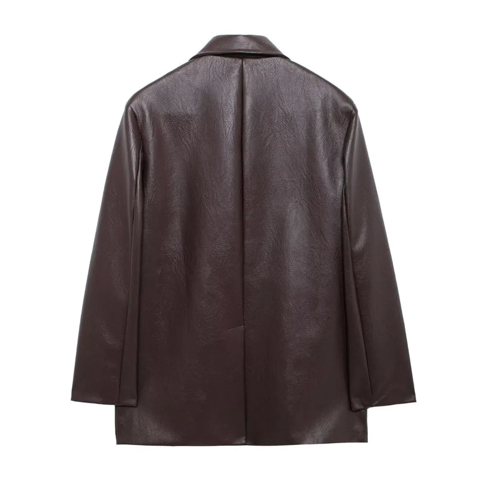 American Retro Women Brown Red PU Leather Blazer Notched Collar Full Sleeve Midi Long Oversized Suits Loose Outerwear