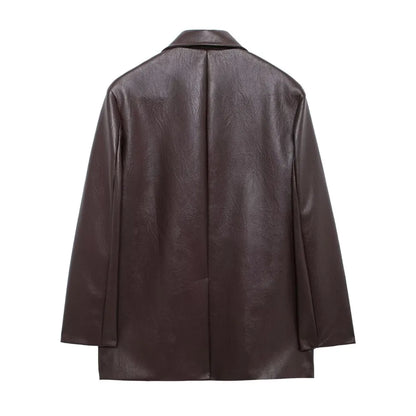 American Retro Women Brown Red PU Leather Blazer Notched Collar Full Sleeve Midi Long Oversized Suits Loose Outerwear