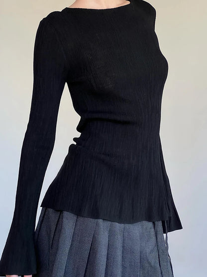 Black Solid Slim Flared Sleeve Elegant T Shirt Women Simple Basic Fashion Spring Autumn Knitted Top Tees