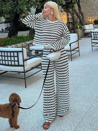 Hollow Striped Wide Leg Knit Set