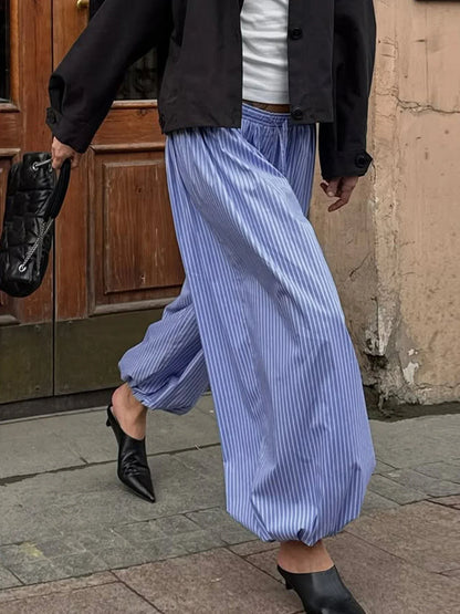 Streetwear Blue Striped Print Casual Pants Elastic Low Rise Loose Trousers y2k Aesthetic Korean Style Hippie Trousers