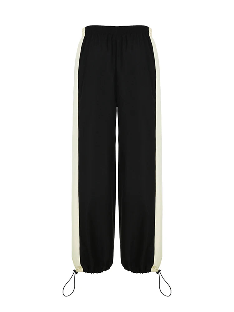 Contrast Patchwork Track Pants Women Elastic High Waist Casual Loose Hippie Baggy Trousers Woven Jogging Sweatpants