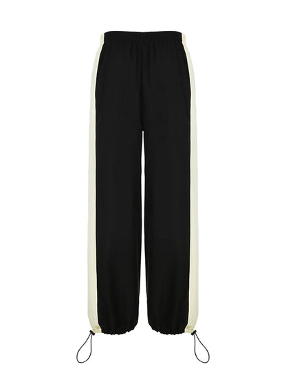Contrast Patchwork Track Pants Women Elastic High Waist Casual Loose Hippie Baggy Trousers Woven Jogging Sweatpants