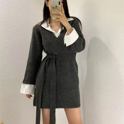 Korean Chic Mini Dresses Women Turn-down Collar Long Sleeve Shirt Patchwork Autumn Winter Knitted Dress Casual Fashion Vestidos