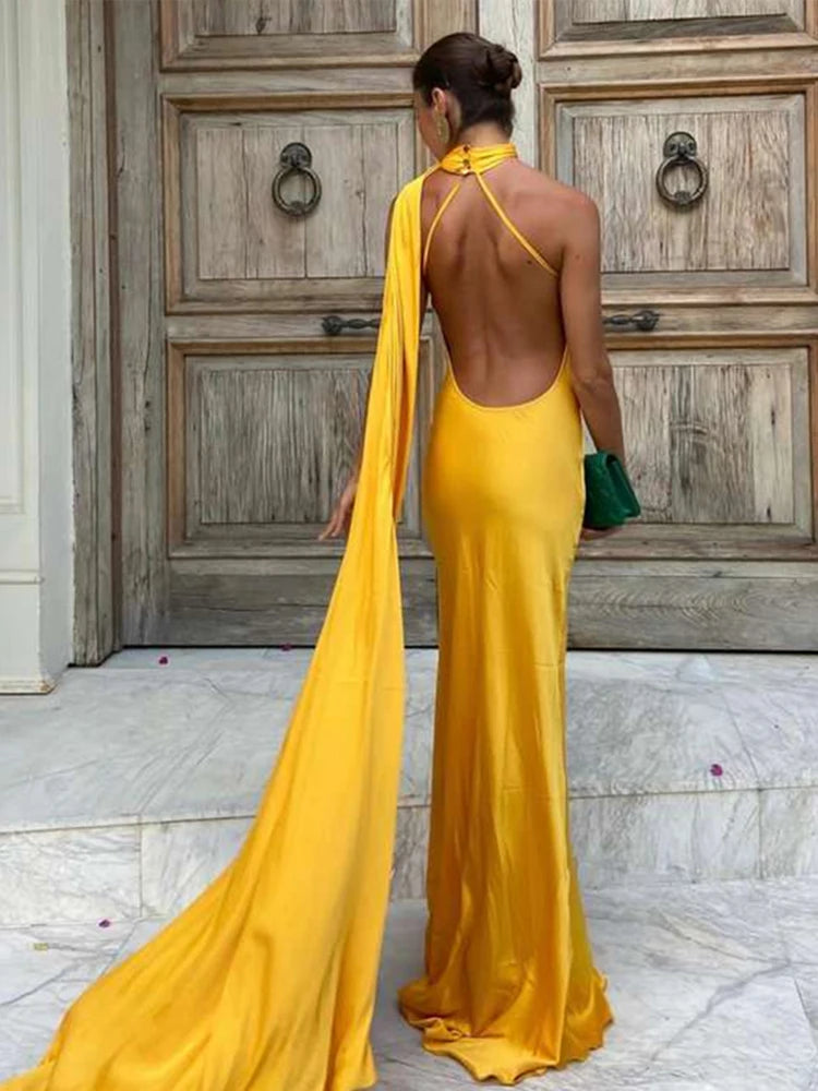 Women Satin Ribbon Halter Party Evening Dress Women Elegant Backless Off Shoulder Sleeveless Long Dresses Fashion Lady Robes