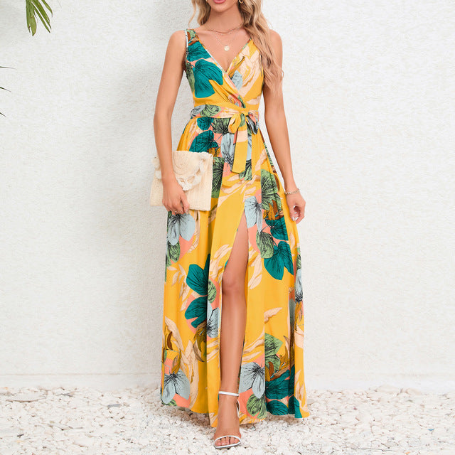 Summer Flower Print Sleeveless Long Dresses Women Sexy V-neck Slim Leace-up Slit Dress Female Fashion Commuting Vacation Vestido