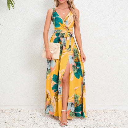 Summer Flower Print Sleeveless Long Dresses Women Sexy V-neck Slim Leace-up Slit Dress Female Fashion Commuting Vacation Vestido