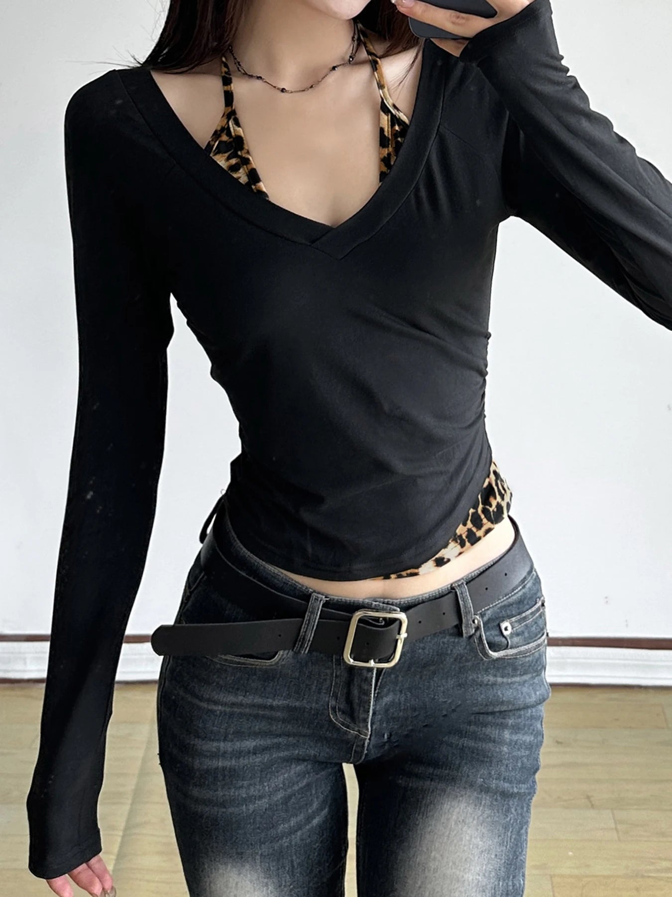Patchwork Leopard Haled Fake Two Piece T-Shirt Women Long Sleeve Sexy Slim Design s New Blouses & Shirt Fashion