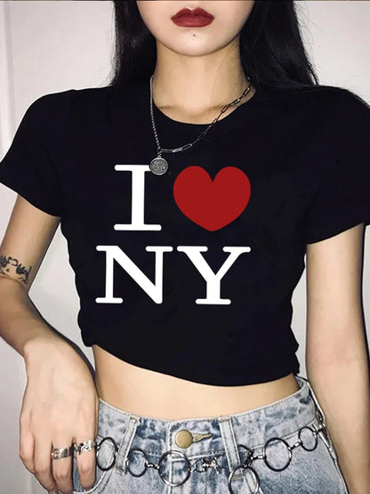 Y2K Summer New Round Neck Short sleeved Letter Printed Open Navel European and American Women’s Top T-shirt