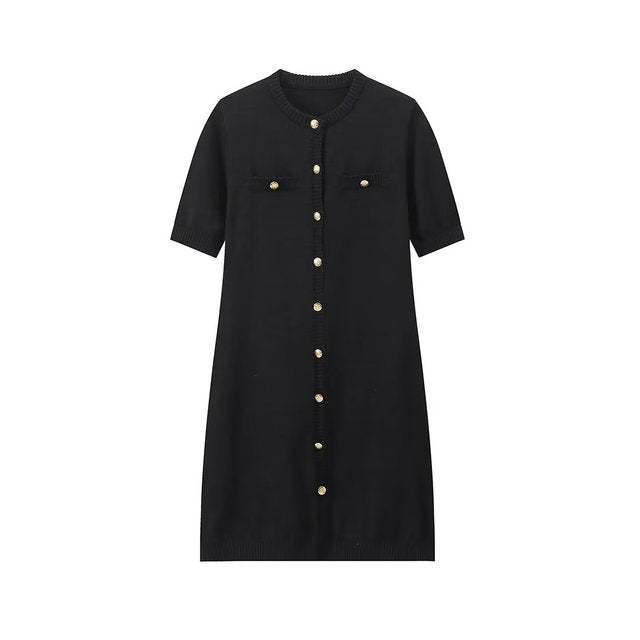 Solid Color Elegant Knitted Mini Dress For Women Metal Button Sexy Slim Rib Sweater Dress Holiday Party Outfits Spring 2025 New