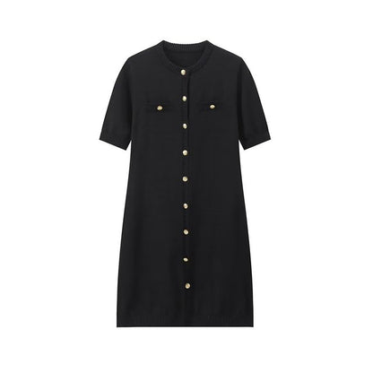Solid Color Elegant Knitted Mini Dress For Women Metal Button Sexy Slim Rib Sweater Dress Holiday Party Outfits Spring 2025 New