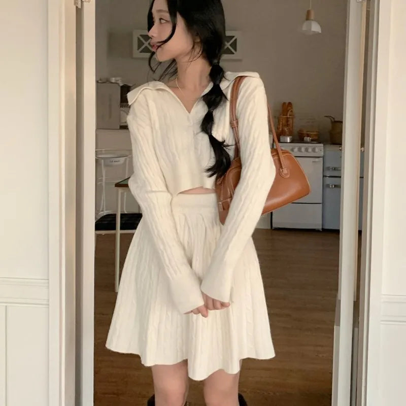 Korean Fashion Two-piece Set Women Pullover Turn-down Collar Crop Top Mini Skirt Solid Casual Suit Autumn New Knitwear Outfits