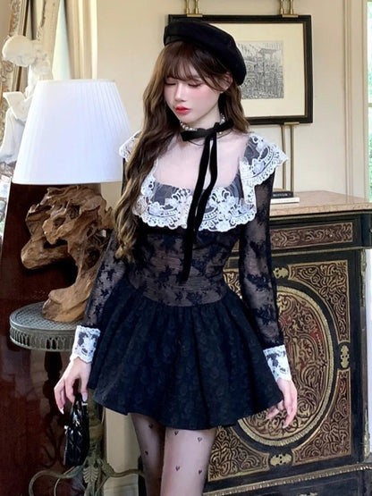 French Black Short Dresses for Women Lace Patchwork Long Sleeve A-line Birthday Party Dress Korean Fashion Mini Vestidos New