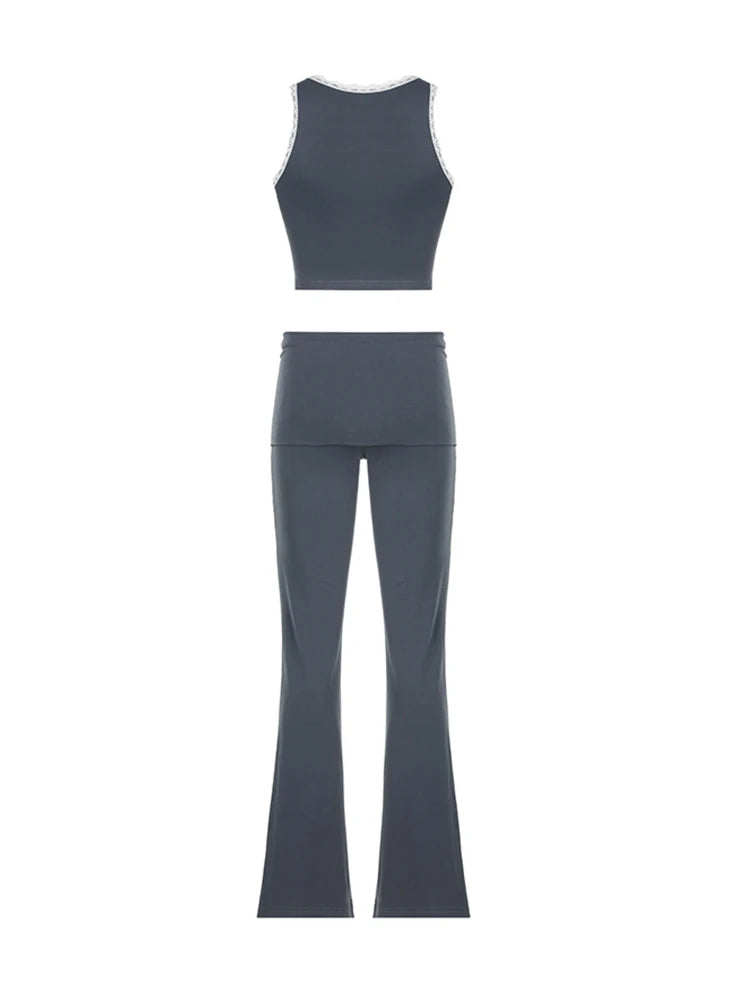 Patchwork Lace Trim Y2K Two Piece Sets Womens Sleeveless Square Collar Skinny Crop Top And Solid Flared Pants Tracksuits