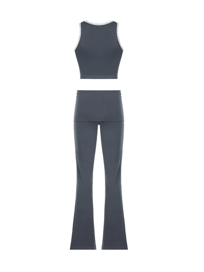 Patchwork Lace Trim Y2K Two Piece Sets Womens Sleeveless Square Collar Skinny Crop Top And Solid Flared Pants Tracksuits