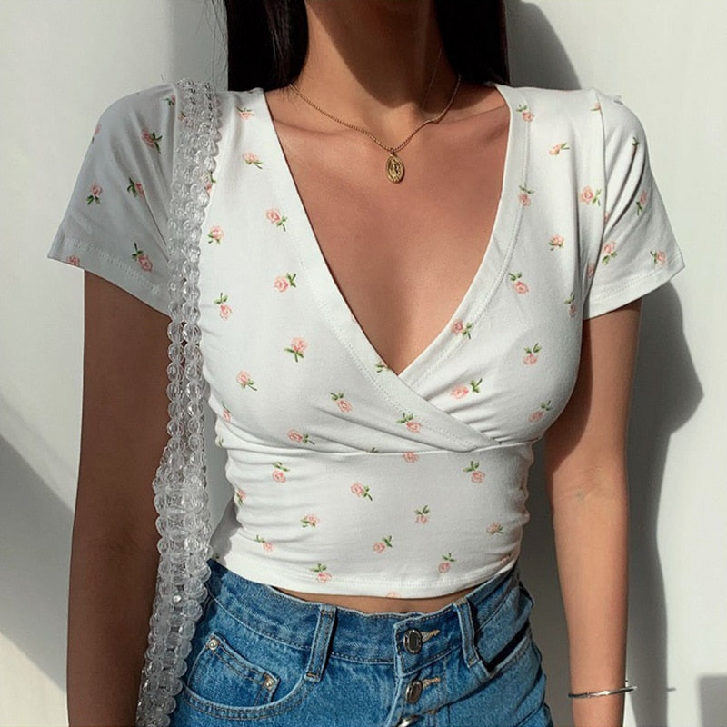 Y2K Vintage Floral Cross Crop Top T-shirt Cropped Slim Short Sleeve V-neck Clothes Tee Shirt Femme Woman Tops