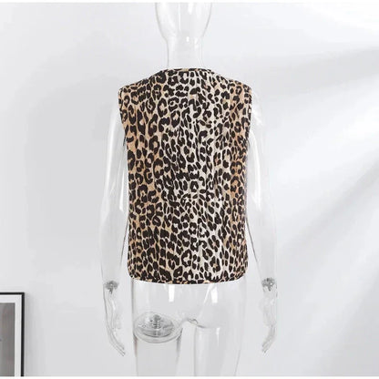Leopard Waistcoat y2k Clothes Round Neck Sleeveless Tie Up Cardigan Tops 2000s Aesthetic Clothing Streetwear