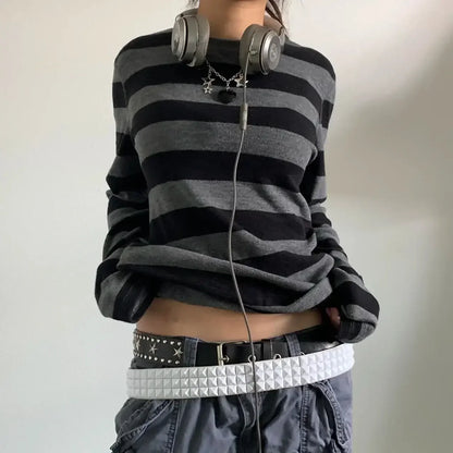 y2k Aesthetic T Shirt  Grey Striped Long Sleeve Tops Gothic E Girl Punk Dark Academia Clothes Streetwear