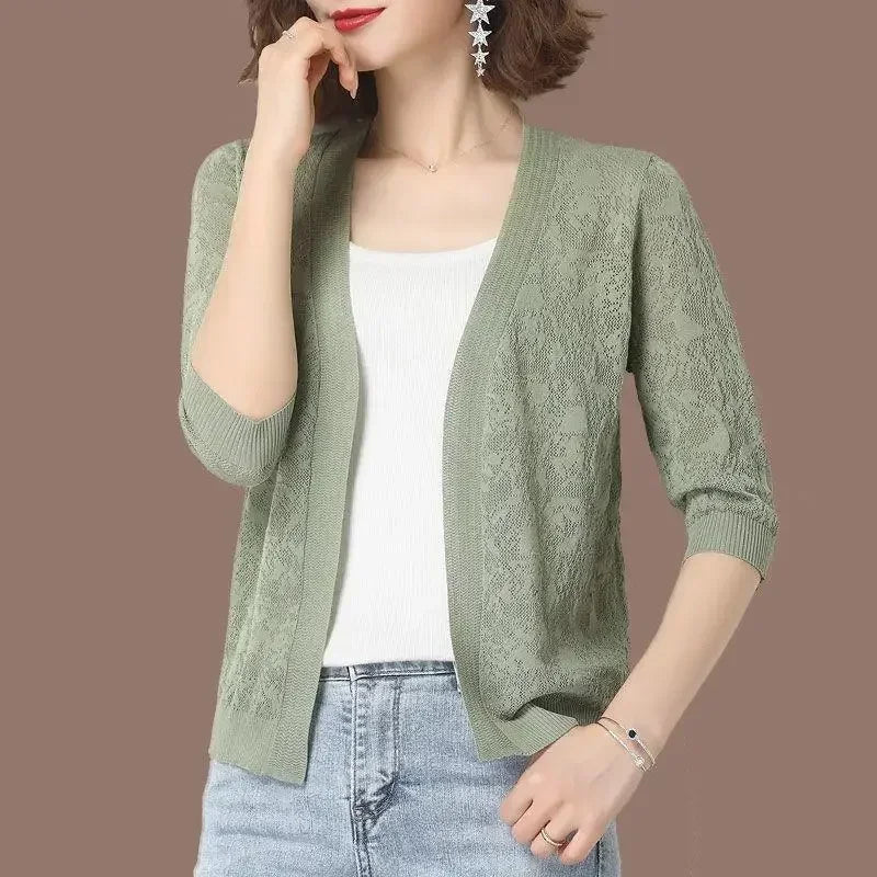 Sexy Hollow Lace Sunscreen Cardigan Sweater Women Wide Loose Air Conditioning Knitted Sweater Thin Section Female Spring Autumn