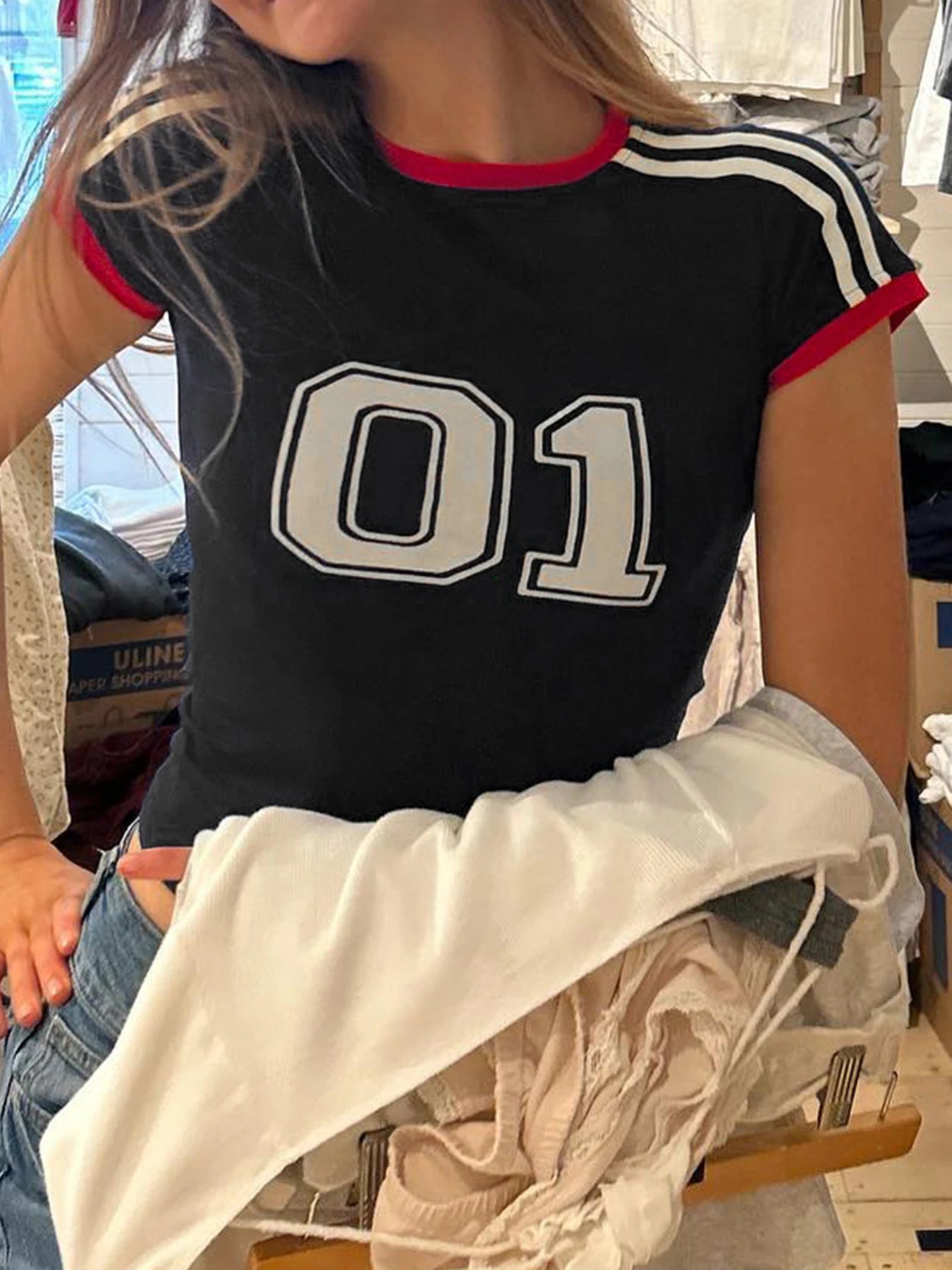 Digital Print Y2K Short Sleeve T Shirt Women Contrast Binding O Neck Slim Crop Tee Casual Preppy Tops Sporty Football Jersey