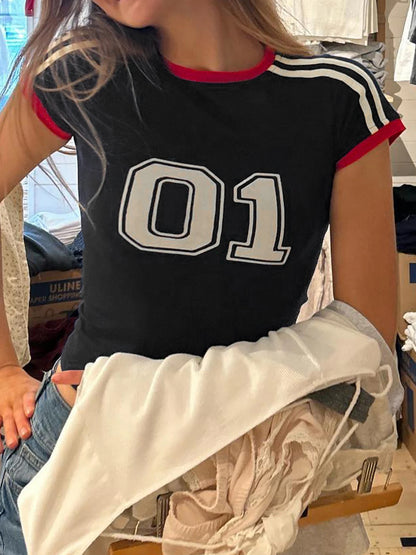 Digital Print Y2K Short Sleeve T Shirt Women Contrast Binding O Neck Slim Crop Tee Casual Preppy Tops Sporty Football Jersey