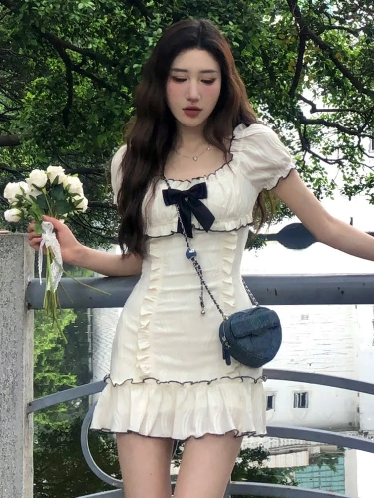 Y2K Ruffles Short Dresses for Women Slim Off Shoulder Puff Sleeve Birthday Party Dress Korean Fashion Summer New Vestidos Mujer