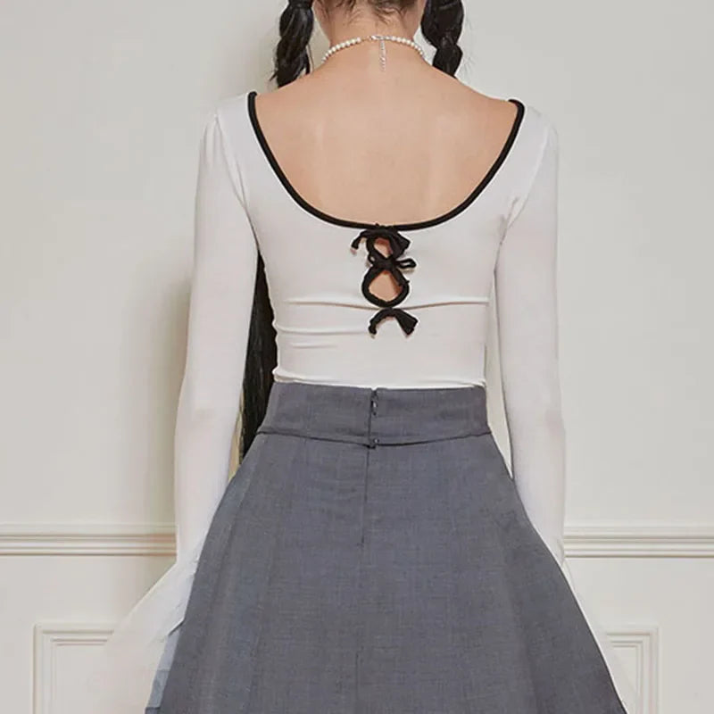 Voguable  Sweet Bow Contrast Patchwork Cropped Top Backless V-neck Slim-fit T-shirts Coquette Y2K Knitted Tees Women