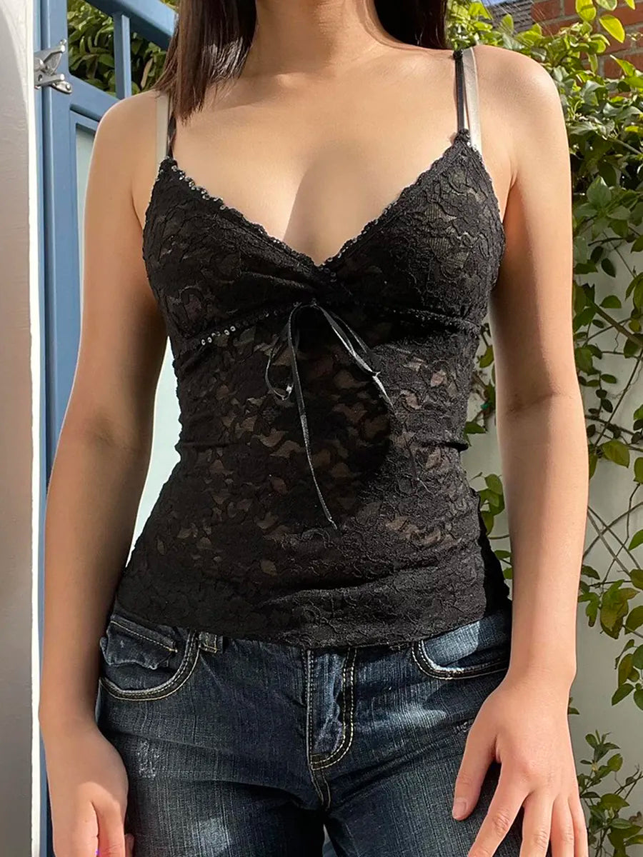 Black See Through Lace Cami Crop Tops Y2K Clothes Sleeveless V Neck Tanks Camis Aesthetic 2000s Gothic Tees