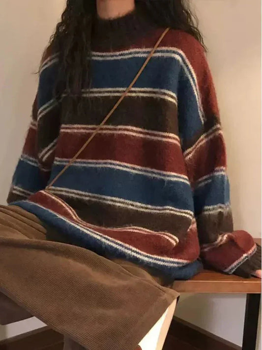 Voguable  Harajuku Y2K Striped Sweater Streetwear Retro Oversize Knitted Pullover Loose Korean Casual All Match Vintage Tops