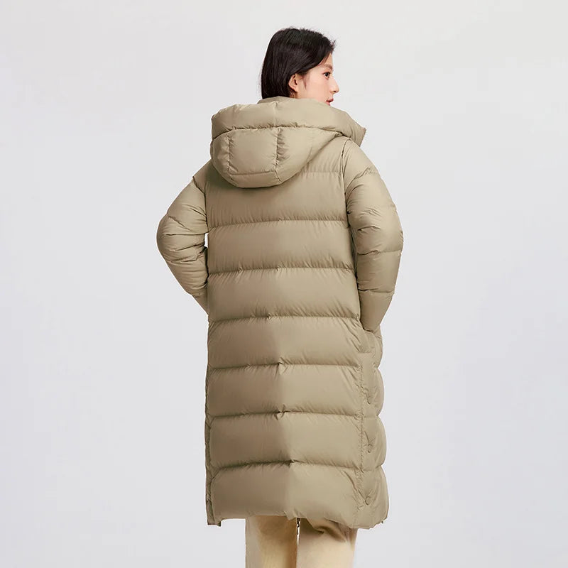 Down Jacket Women Long Length Hooded Slit Loose  New Winter Water-Repellent Goose Down Clothing