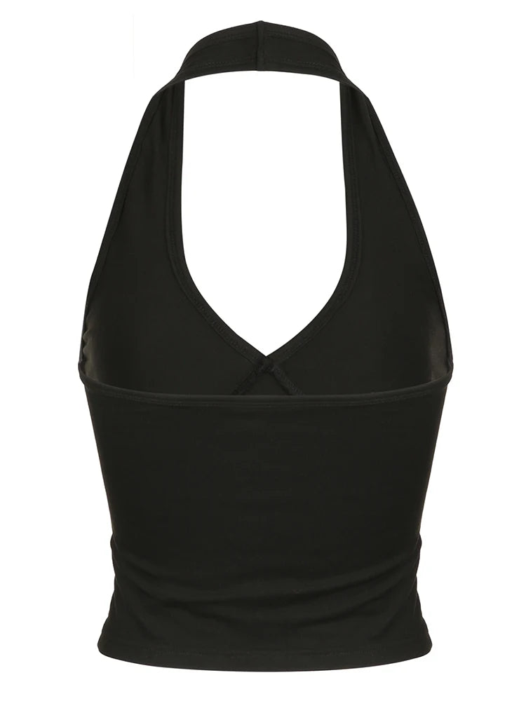 Backless Sexy Halter Tops Women Black Solid Basic V Neck Slim Tank Vest Elegant Crop Top Rave Summer Streetwear Shirts