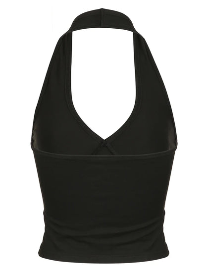 Backless Sexy Halter Tops Women Black Solid Basic V Neck Slim Tank Vest Elegant Crop Top Rave Summer Streetwear Shirts